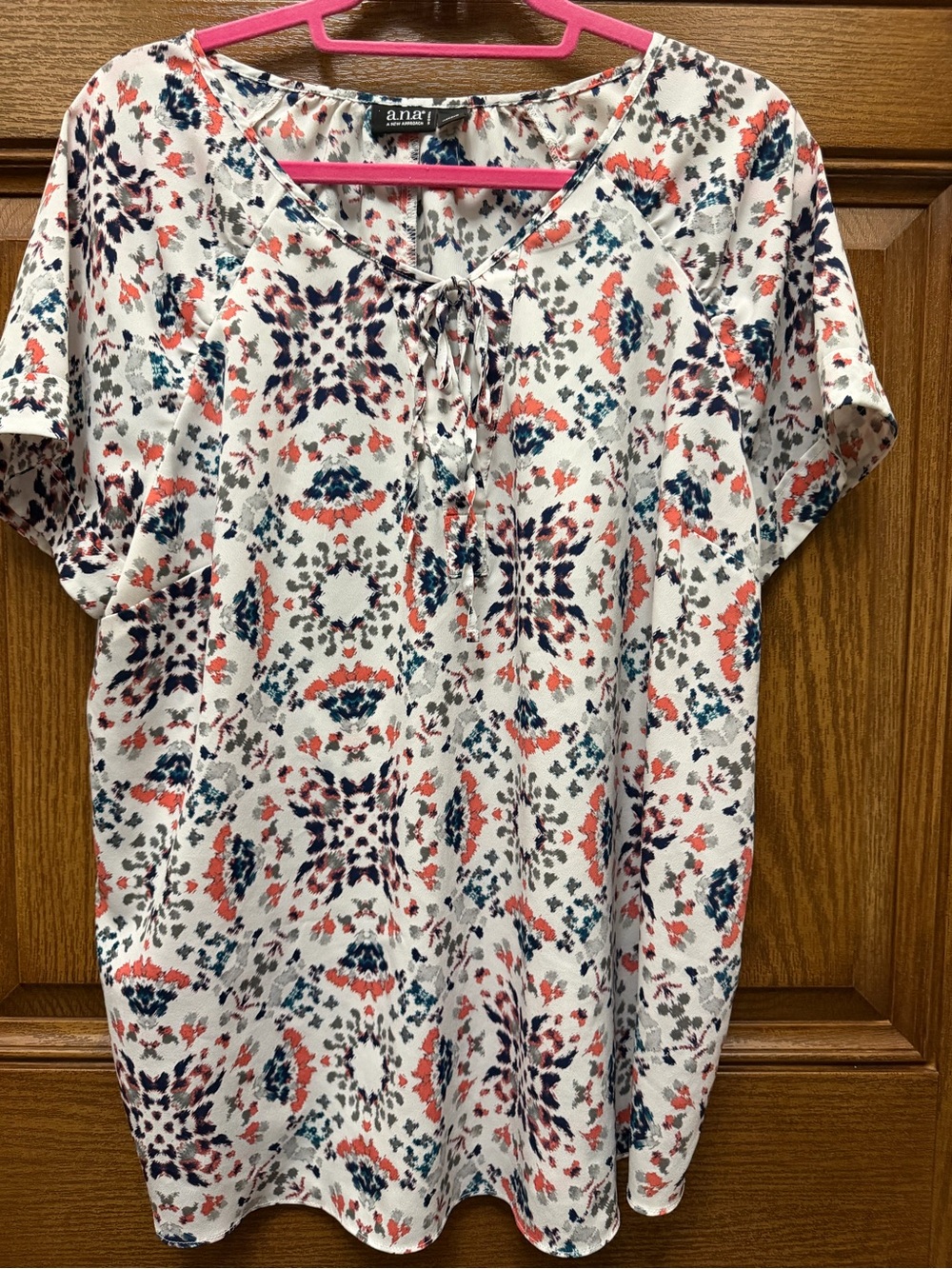 a.n.a Ivory Short-Sleeve Blouse with Coral & Navy Pattern